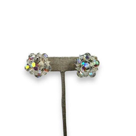 Vintage Aurora Borealis Crystal Necklace 14.5-17” Clip On Cluster Earrings Set - Picture 2 of 7